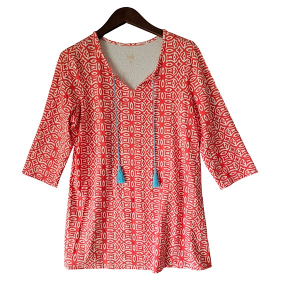 Belle Kim Gravel Women's Tunic Top Geometric Print Orange Turquoise Size M - Picture 1 of 9